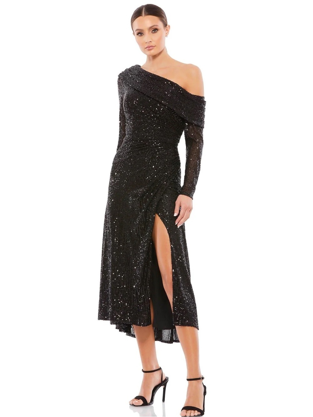 Mac Duggal Sequin One Shoulder Midi Dress